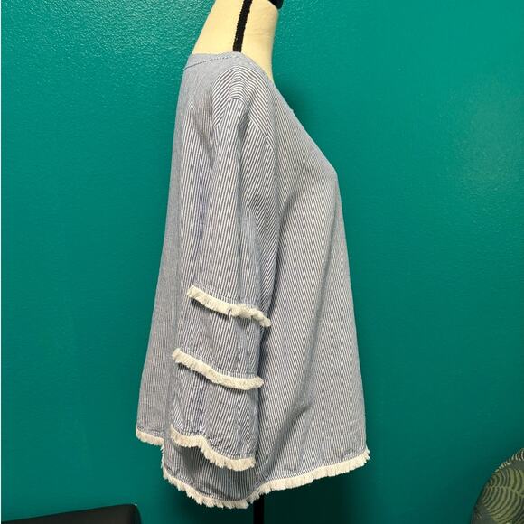 Cynthia Rowley Linen Cotton Blend Long Sleeve Blue & White Stripe Blouse 1X - Picture 3 of 10
